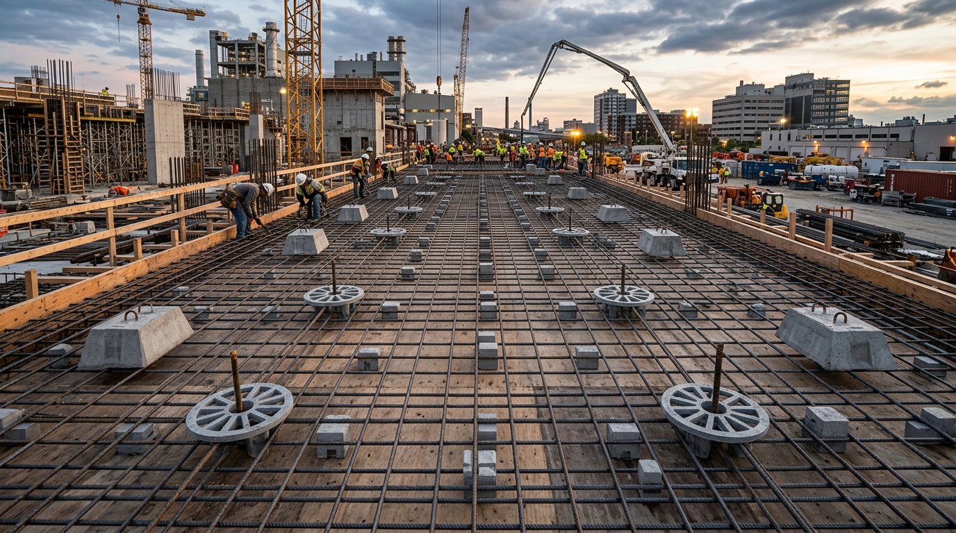 Various concrete cover blocks used in application with steel rebar at a construction site